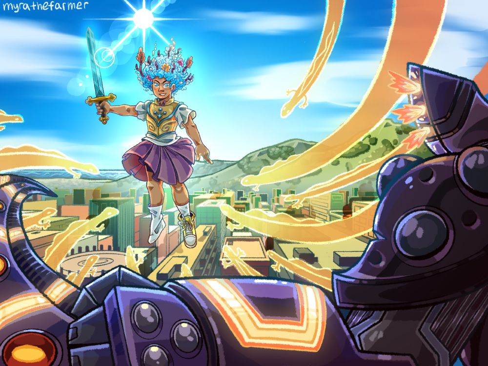 An illustration of a scene from Amphibia episode “All In”. Anne floats high in the sky above her city, with hills and the ocean far in the background. Anne’s hair and eyes glow blue, and branches and leaves surround her hair. She wears her regular uniform and armored chest plate. She holds her sword upward at arms length as it reflects off the sun. In the foreground, the robotic armor of King Andrias can be partially seen, facing Anne with one fist raised halfway and tail curling around the left. Only the shoulder, arm, tail, and back of the head can be seen. Many yellow and orange lazer newts arc towards Anne from Andrias.