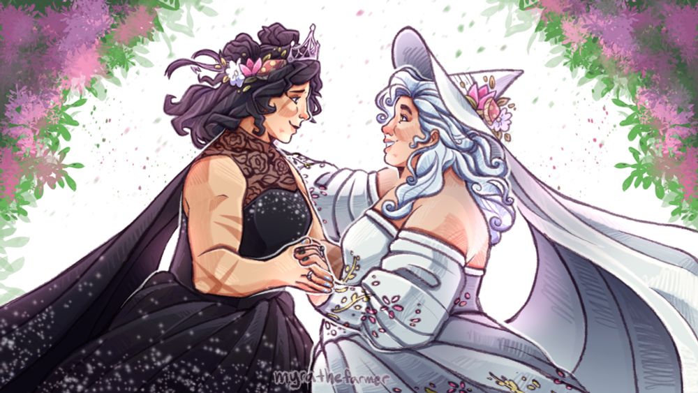 Princess Katherine and Witch Shelby from Empires SMP Season 2 dancing together. Katherine wears a black wedding dress with sparkles, a cape, and a silver tiara. Shelby wears a white wedding dress with flowers and a witches hat with a veil. Both wear flowers and mushrooms on their headpieces and black and silver rings on their fingers. A pink and green floral arch stands behind them