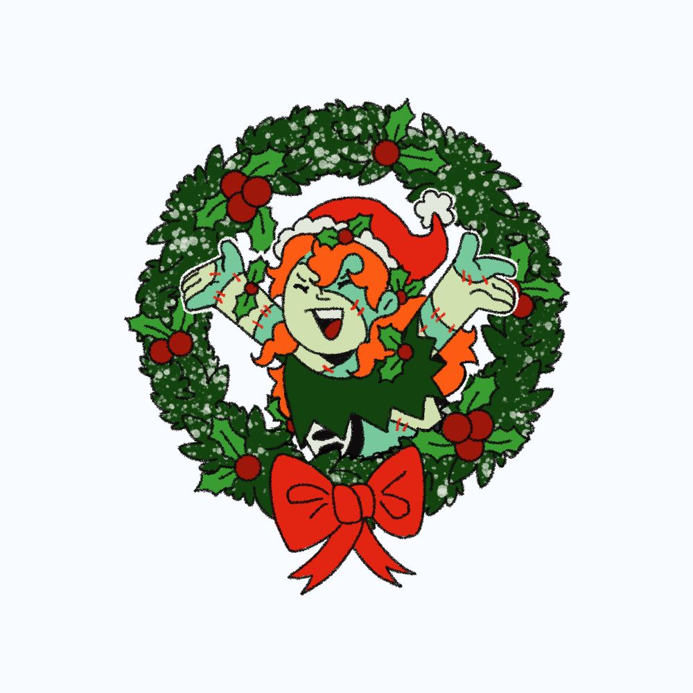 ZombieCleo’s Christmas skin popping out of a Christmas wreath