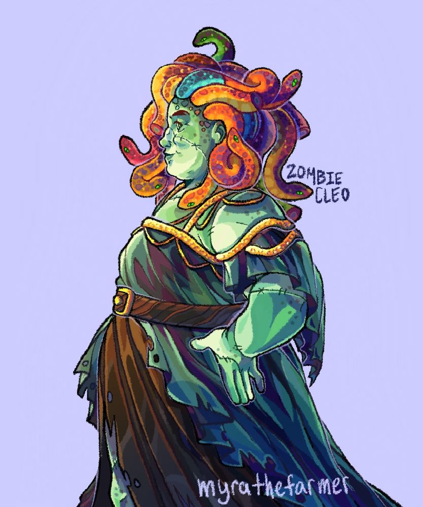 Illustration of ZombieCleo’s HermitCraft season 9 skin. She stands sideways, taking a glance at the viewer from the corner of her eye. They rest their hand on their hip and multicolored snakes grow from their head. She wears a blue dress with gold snake patterned trim over a black/brown pleated skirt with a belt. 