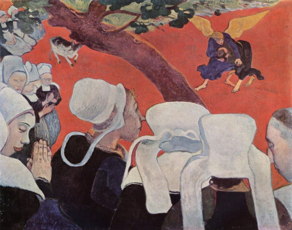 Gaugin's After the Sermon. Women in white bonnets watch Jacob wresting the angel.