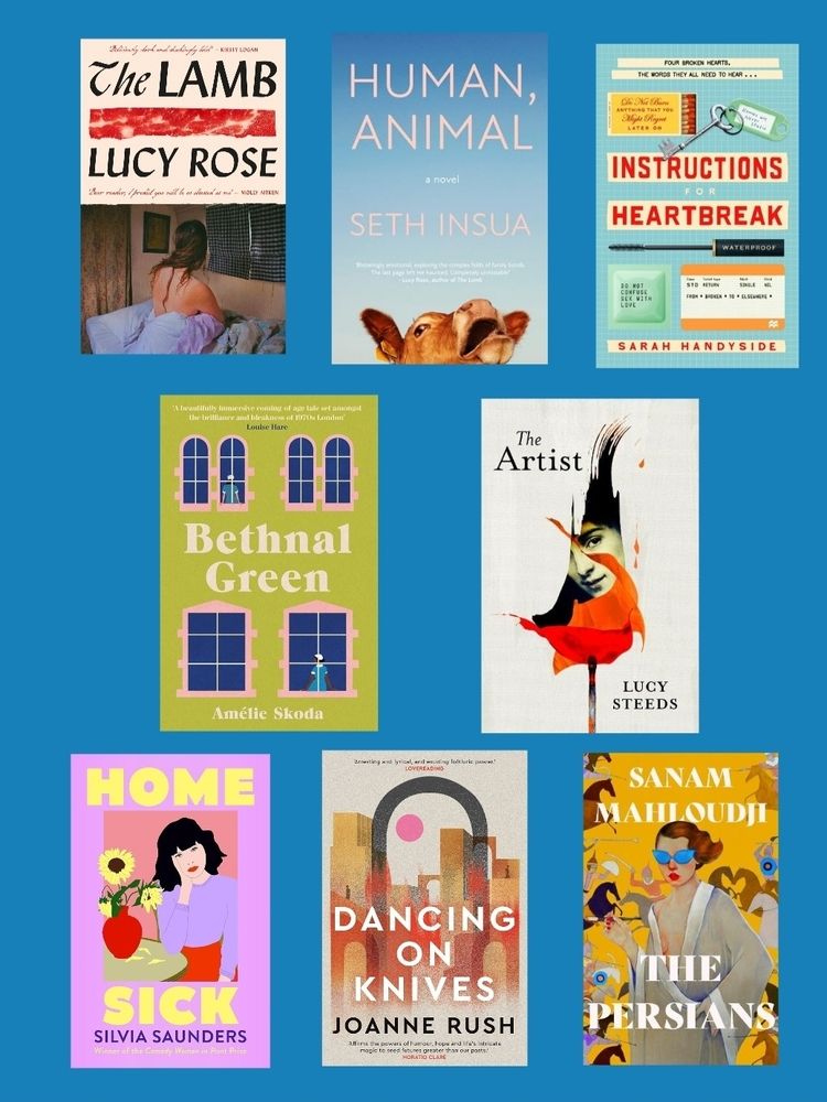 Six book covers. The Lamb by Lucy Rose, Human, Animal by Seth Insua, Instructions for Heartbreak by Sarah Handyside, Bethnal Green by Amélie Skoda, The Artist by Lucy Steeds, Homesick by Silvia Saunders, Dancing on Knives by Joanne Rush, The Persians by Sanam Mahloudji