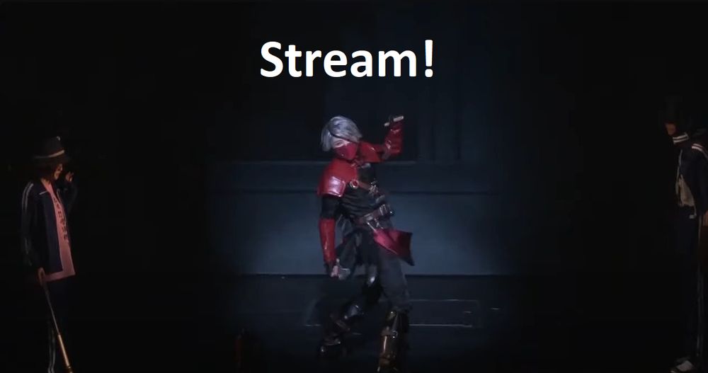 A small crowd watches a masked man flamoyantly play hopscotch by himself, part three. Includes text "Stream!"