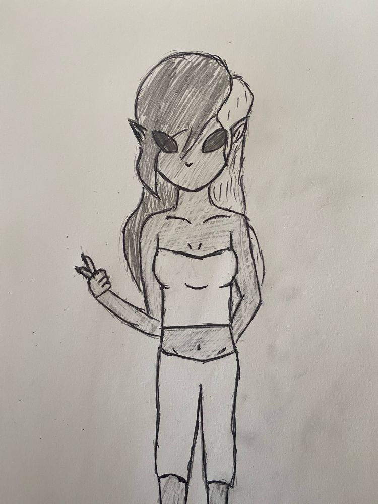 Drawing of a D&D drow girl holding a peace sign with a curse who has left her with dark black eyes and no visible mouth