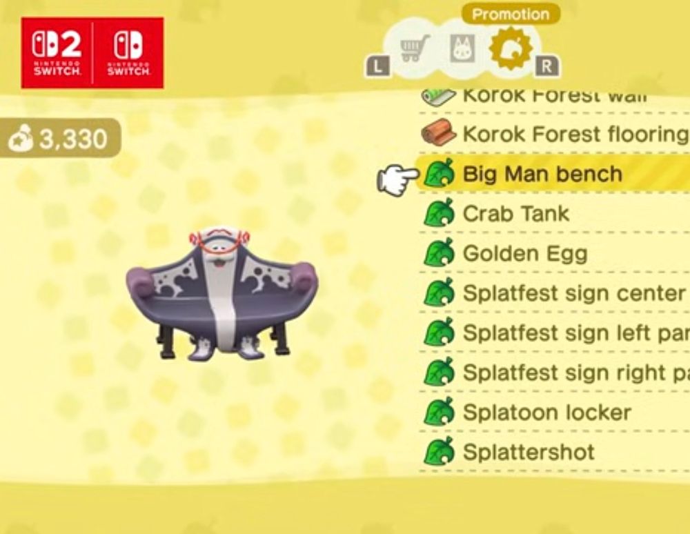 A bench shaped like Big Man from Splatoon 3 in Animal Crossing New Horizons