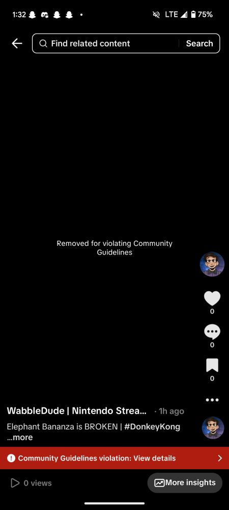 A screenshot of my Donkey Kong Elephant Bananza video being banned for "violating Community Guidelines" on TikTok