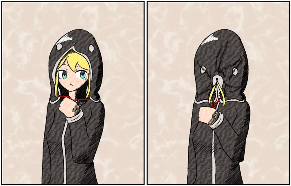 Blonde girl in a black cat hoodie, holding the strings. In the second frame she has pulled the strings and closed the hoodie up.