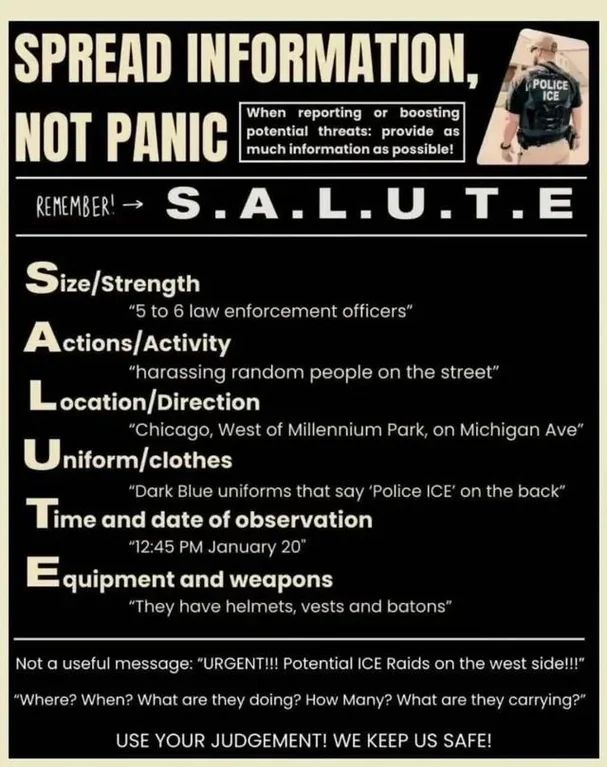 Spread Information, Not Panic: Remember SALUTE (Size/strength, Actions, Location, Uniform, Time/date observed, Equipment/weapons)