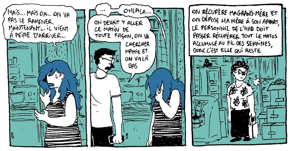 Suite du 14 Février 2025.

Case 3 - Mon personnage se tient toujours à l'entrée de la pièce, et semble paniquée et décontenancée.
Moi : "Mais... Mais on... On va pas le ramener maintenant... Il vient à peine d'arriver..."

Case 4 - Mon personnage se tient toujours à l'entrée de la pièce, et prend sa tête dans sa main, mon père se tient à côté, son téléphone en main.
Moi : "... Ohlala..."
Mon père : "On devait y aller ce matin de toute façon, on va chercher Mamie et on va là bas."

Case 5 - Ma mère se trouve au milieu de l'appartement de ma grand-mère, remplit de cartons contenants du matériel médical, on aperçoit la machine à oxygène. Elle soupire regardant tout ce qu'il y a autour d'elle.
"On récupère ma grand-mère et on dépose ma mère à son appart', le personnel de l'HAD doit passer récupérer tout le matos accumulé au fil des semaines, donc c'est elle qui reste."