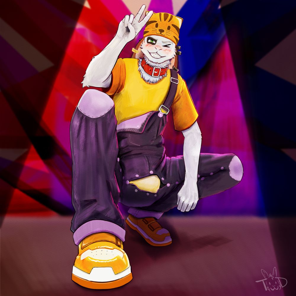 An anthro bunny striking a cool pose on an abstract background. His shortalls' crotch buttons have popped and a wet diaper is visible underneath. He doesn't seem to have noticed.

ALL CHARACTERS DEPICTED ARE OF AGE! (18 or older)