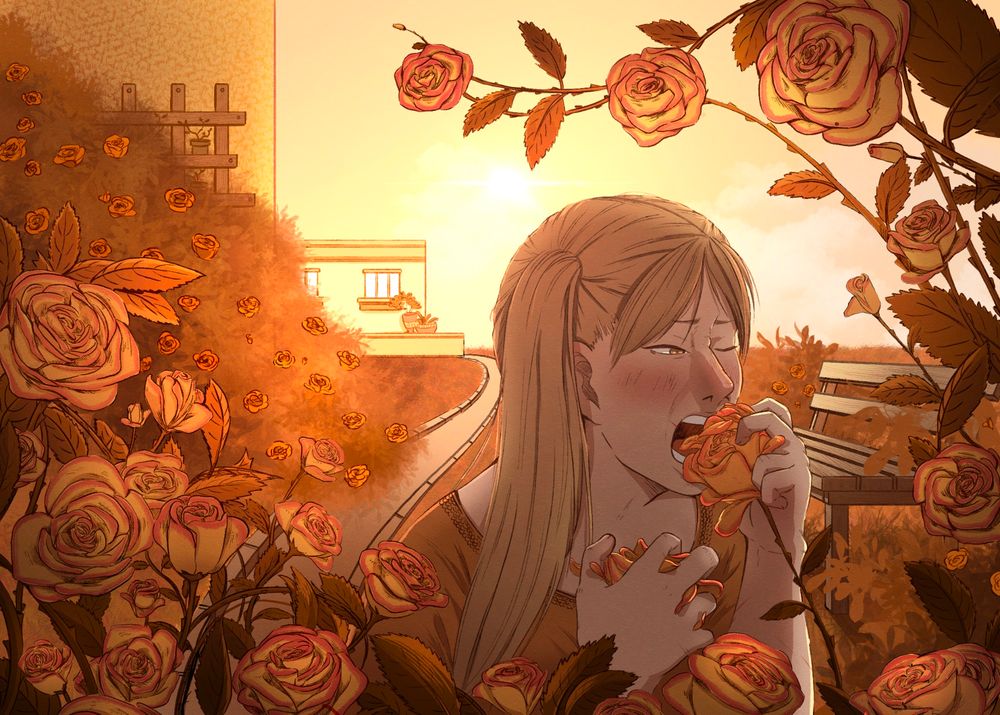 Menina comendo rosas laranja no por do sol