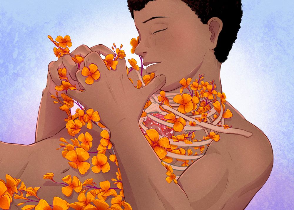 Alan, my OC, holding softly orange flowers that come out from his hibs