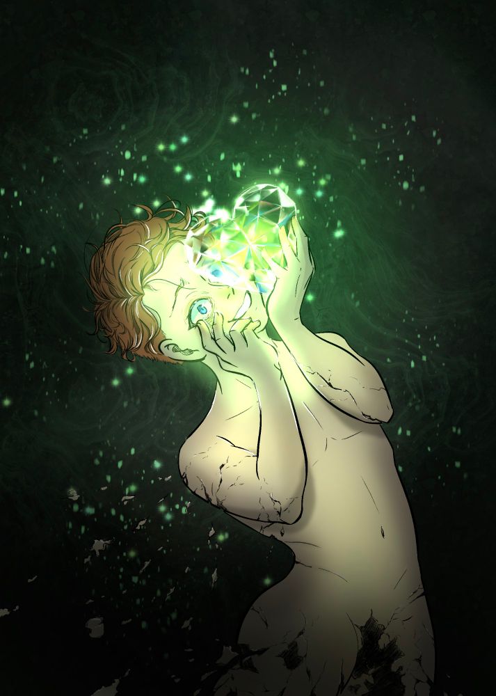 Drawing of the character Sora from 'Across your Shattered Sky'. He is shattering while crazily looking at a glass heart with green glow.