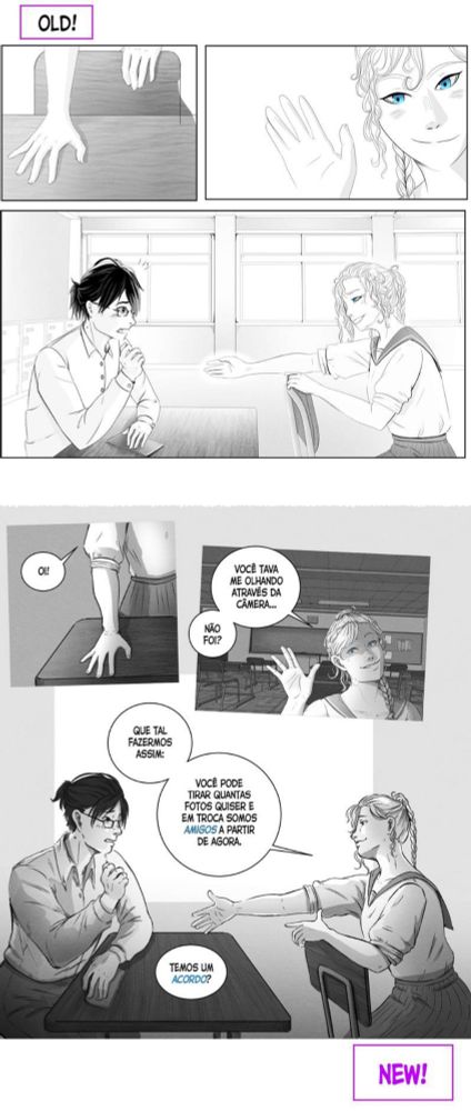 Um exemplo de antes e depois de uma página do meu quadrinho Stray Memory de anos diferentes. Na página dois personagens, Runa e Takeo, fazem um acordo de detalhes misteriosos.