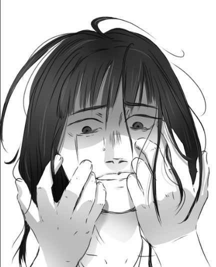 Nagisa, my OC, looking shocked at her badly cut short hair in despair.