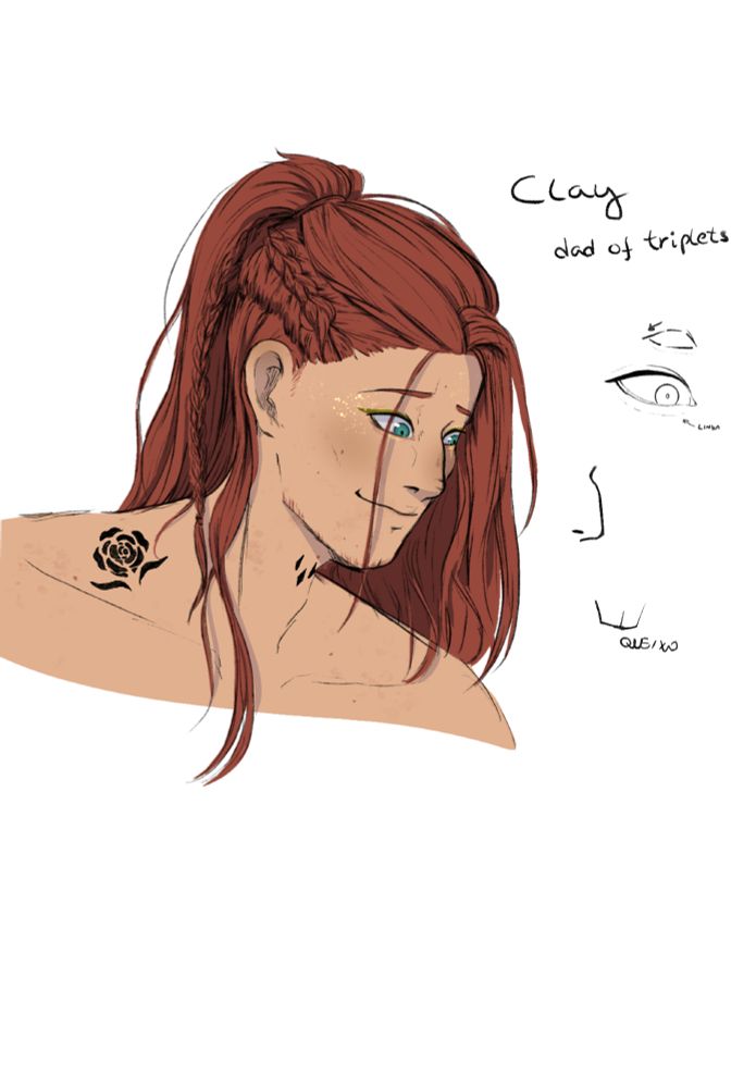 Character design de Clay com seu cabelo de um ruivo terroso amarrado e trançado, ele tem maquiagem nos olhos e uma tatuagem acima da clavícula de uma rosa. No pescoço ele tem uma tatuagem de 3 cristais.