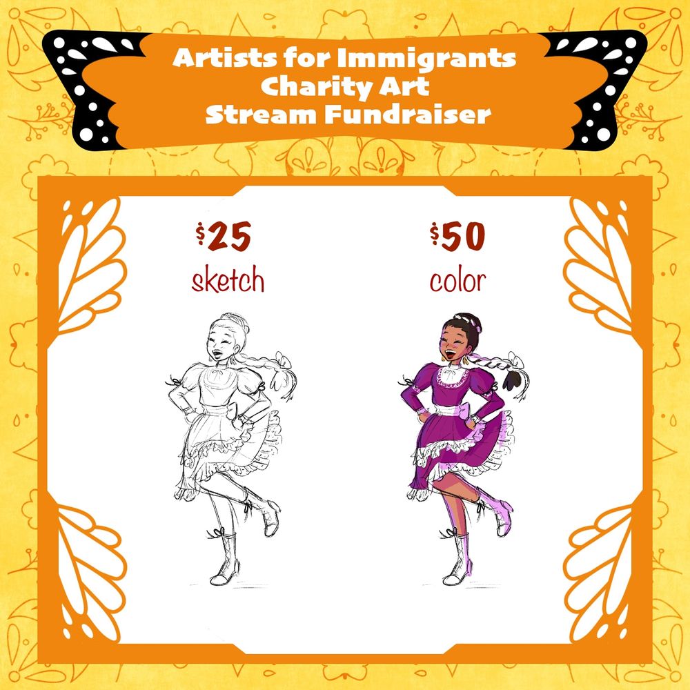 Title: Artist for Immigrants Charity Art Stream Fundraiser

Two drawings, one a sketch and one colored, of a girl in a purple and white dress, white boots, and a long ribbon braid, dancing Mexican folk dance. 