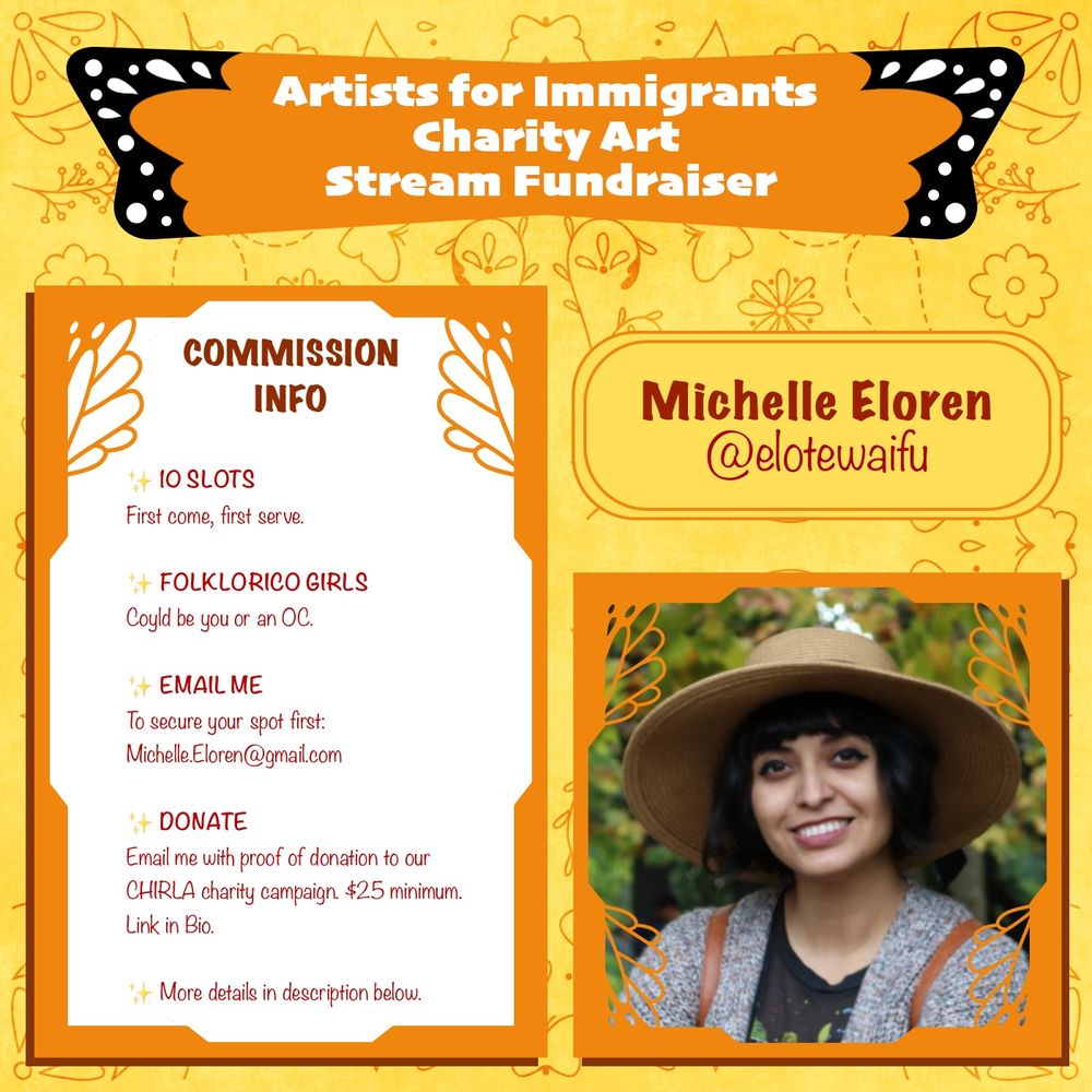 Title: Artist for Immigrants Charity Art Stream Fundraiser 

Self portrait of a woman. Beside her photo is a list of steps provided to commission her under COMMISSION INFO.