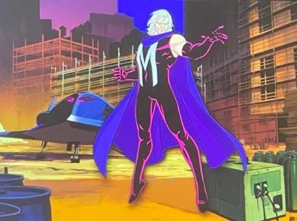 Magneto with long flowing white hair, dressed in a black and magenta sexy skintight outfit with a big white M on the front, finished with a dashing purple cape. He's standing in front of the xmen plane.