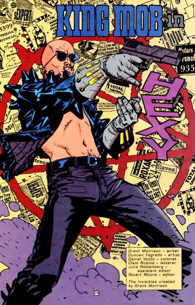 King Mob from The Invisibles, looking not a million miles away from Grant Morrison themself. With a spiky leather jacket on & little round sunglasses, shooting off his big, big gun at someone off page. 