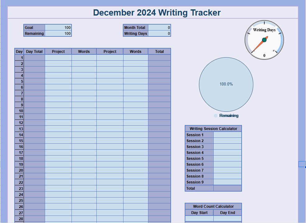 A screenshot of a google sheet "December 2024 Writing Tracker"
