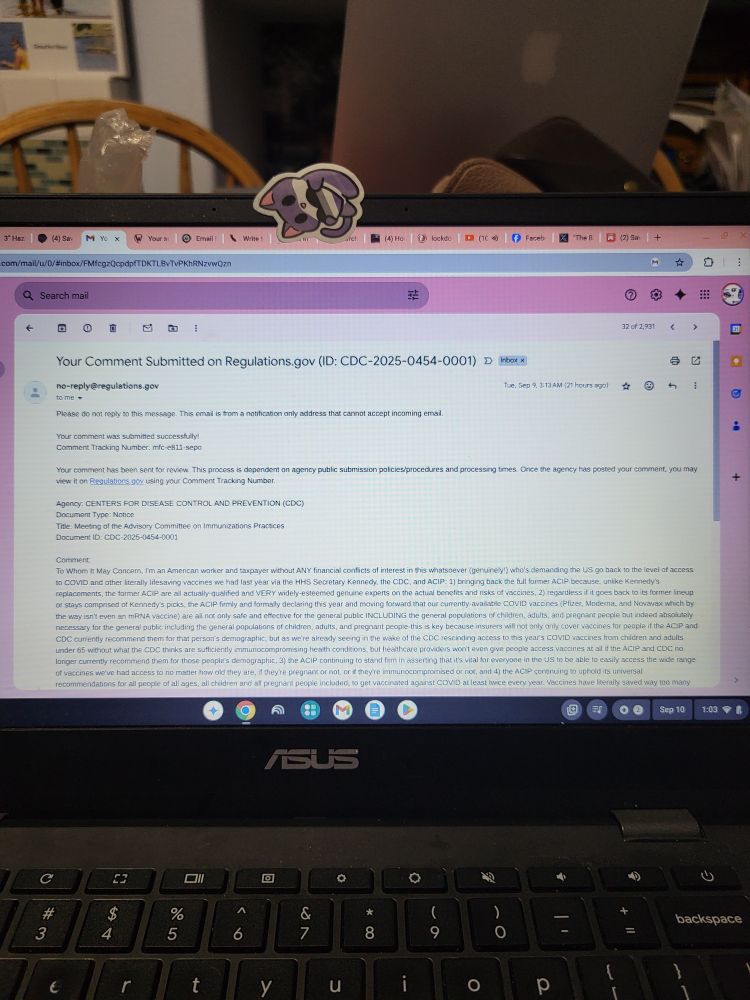 Photo taken of Spencer's ASUS Chromebook laptop screen, with the current time and date of 1:03 AM on September 10, 2025 visible in the lower-right corner of the screen, of his Gmail reply from no-reply@regulations.gov telling them their comment was submitted successfully. 

The email was sent/received at 3:13 AM Pacific Time on September 9, 2025. 

Yes, Spencer also has a ton of tabs open as they always do. 

A sticker of a purple cartoon cat holding a heart with the asexual pride flag covers up the camera on Spencer's laptop bc, yes, the gov't and their Big Tech flying monkeys DO absolutely track you through that camera on your computer without you knowing.
