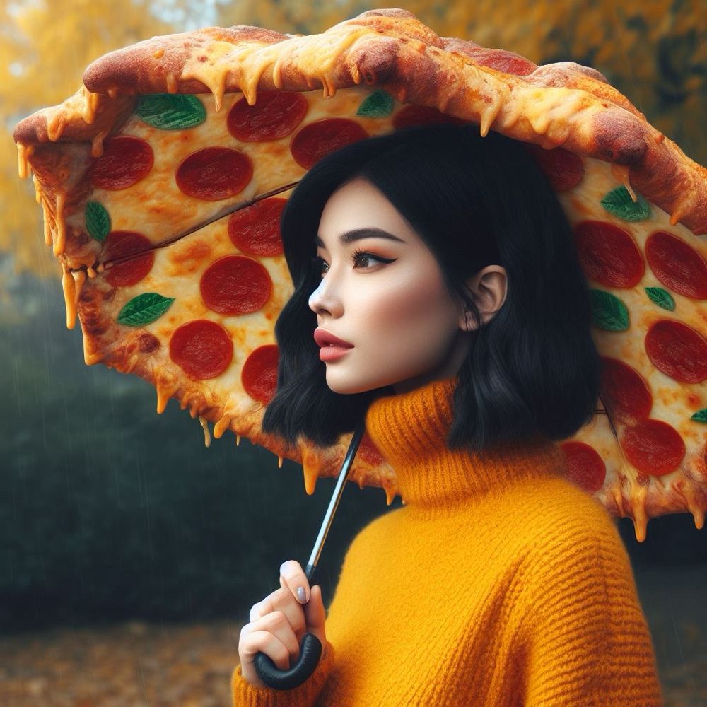 „A woman with an umbrella that is made out of pizza, hyperrealistic“
- Bing Image Creator, October 2023