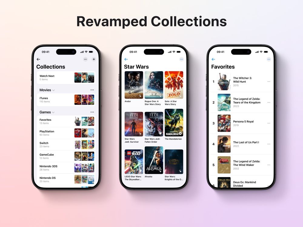 Three iPhones show the redesigned Collections feature in Sequel 2.5. Views include:
The new list of collections grouped with customisable sections. 
A Star Wars collection of series, movies and games from the franchise with a grid layout.
A ranked list of favorite titles.
