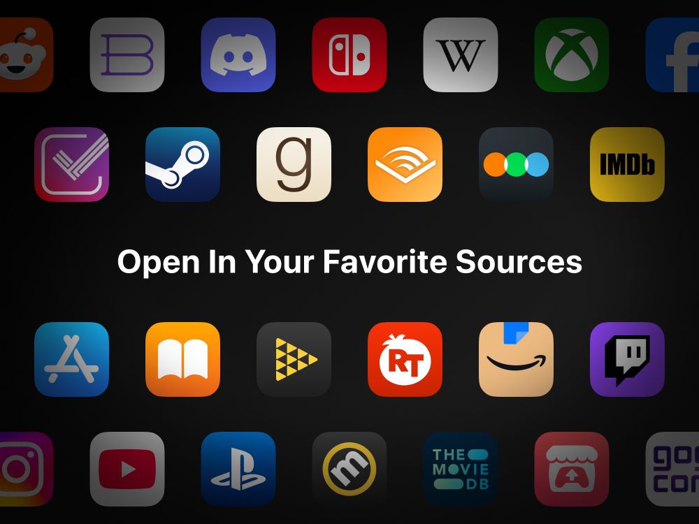 A dark background with colorful icons like IMDb, Steam, Goodreads, and more. In the center, the text says “Open In Your Favorite Sources,” highlighting Sequel’s new deep linking feature.
