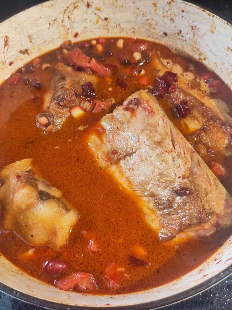 Browned but uncooked ox tail and pork ribs up to their oxters in veg, beans, some spices, some stock 