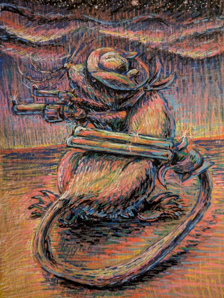A colorful sketch of a rat in cowboy gear wielding two pistols in his paws and a shotgun in his tail. 