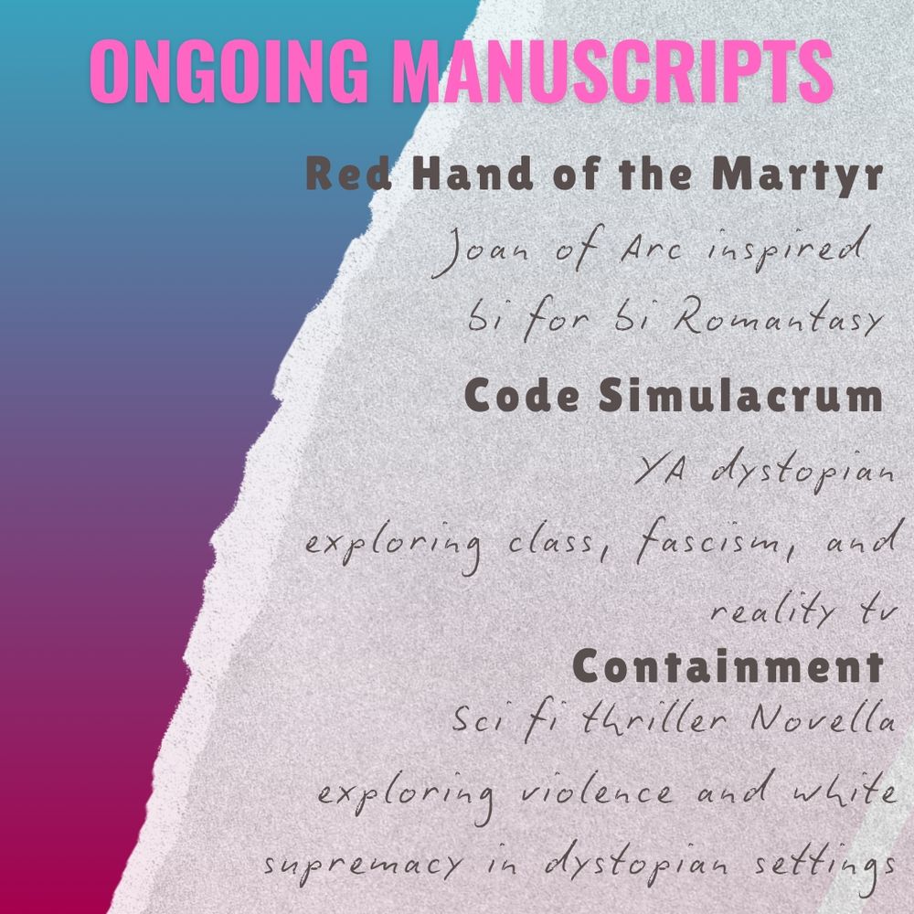 Ongoing Manuscripts: Red Hand of the Martyr - Joan of Arc inspired bi for bi Romantasy, Code Simulacrum - YA dystopian exploring class, fascism and reality TV, Containment - sci fi thriller Novella exploring violence and white supremacy in dystopian settings.