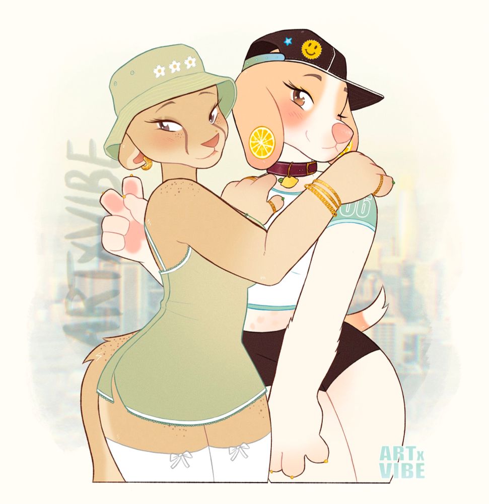A half body drawing of my characters Tea and Paradise. Tea wears a green dress and bucket hat with white thigh high socks, and Paradise wears black shorts with a blue/white baseball tee and black hat. 