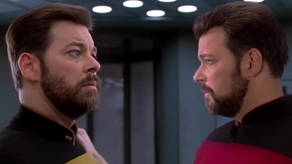William Riker meets his transporter clone in Star Trek: The Next Generation.