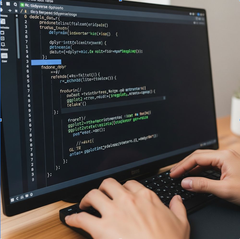 This an AI generated image of "someone coding in R". The code looks a bit like R but not really.