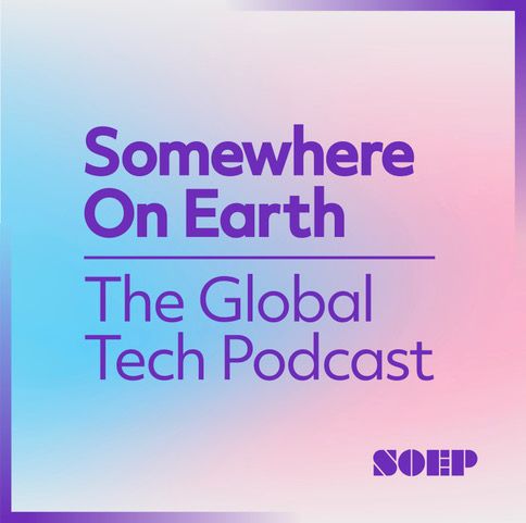 New logo for Somewhere on Earth: The Global Tech podcast is pink and blue with purple text.