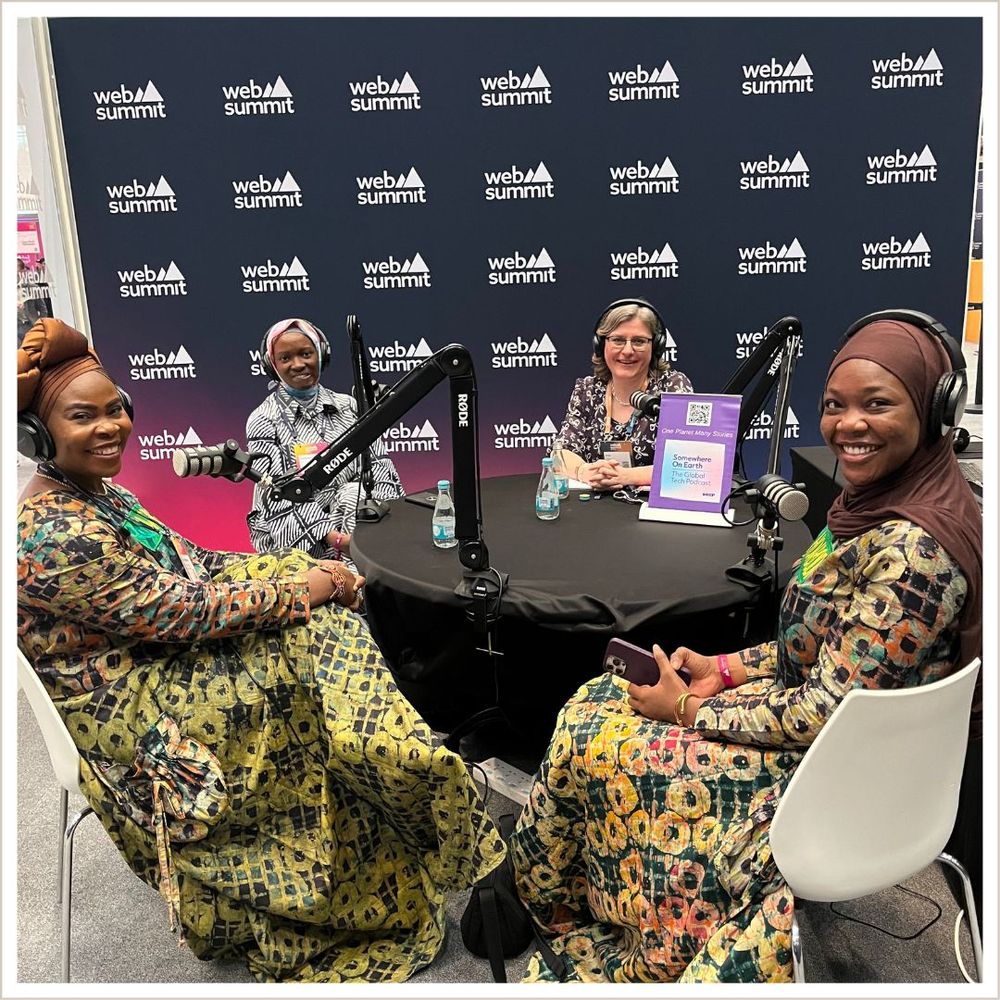 Recording of Somewhere on Earth: The Global Tech Podcast at Web Summit Qatar.  Photo is of presenter Ania Lichtarowicz with guests from two Nigerian startups -  Oyindamola Kazeem founder of  Hadiyang, Nigeria’s one-stop digital hub for Islamic products and founders of HowBodi (Pidgin for “How are you?”) Dr. Maymunah Yusuf Kadiri (Dr.May) and Zainab Kadiri.