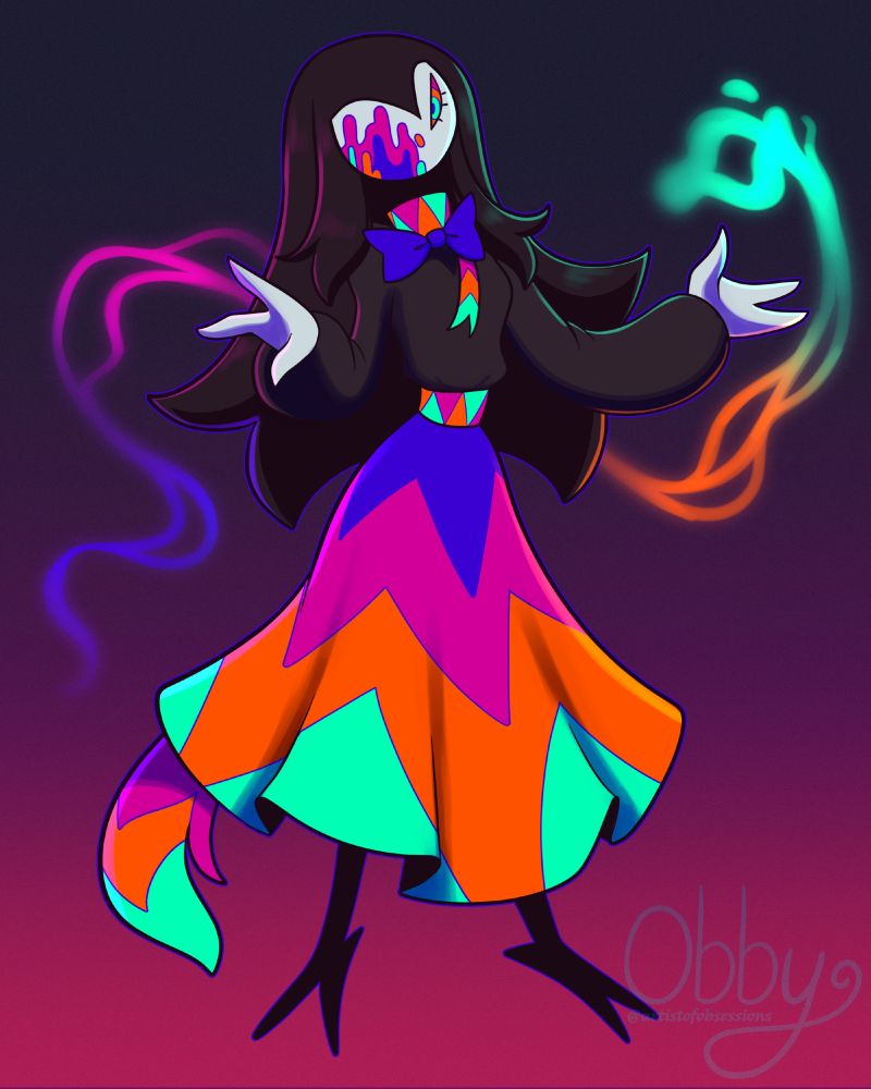 An illustration of an avian-like witch with long dark hair. Its wearing a brightly colored skirt with neon green, pink, orange, and purple, with a matching neck wrapping, and a purple bow tie. She's casting magic, which is the same bright neon colors as her outfit.