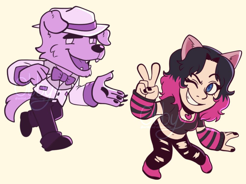 Two chibi drawings of UhYeah's and Th3Badd3st's characters, respectively.