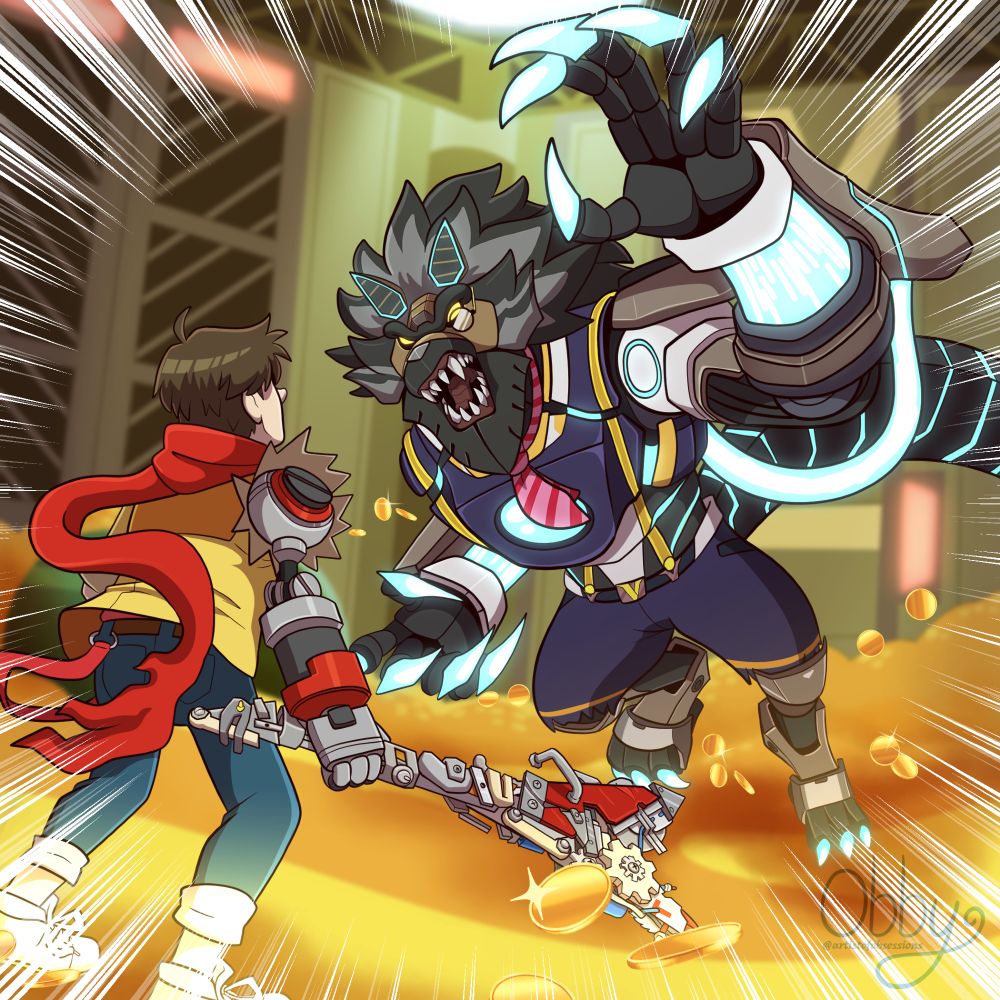 A digital drawing of the characters Chai and Roquefort from Hi-Fi rush. Roquefort is leaping into the air, claws extended, readying to attack Chai, who stands at the ready. They are surrounded by a spray of coins tumbling through the air.