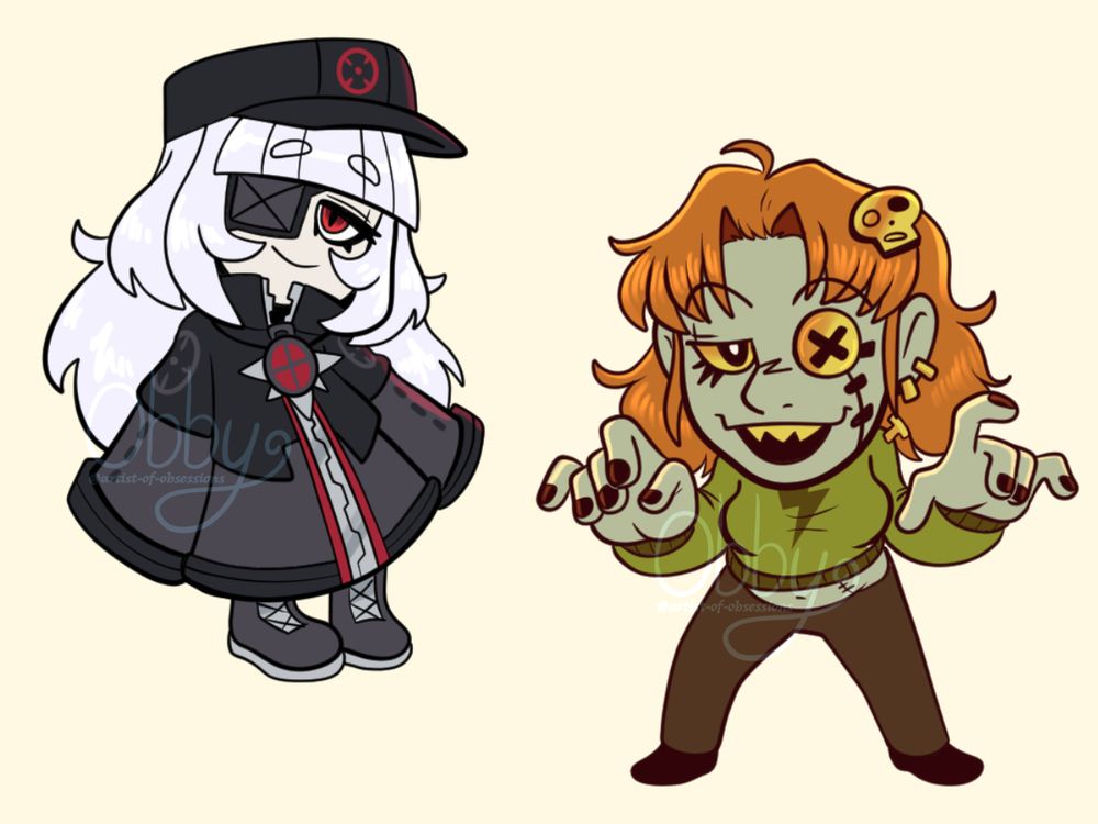 Two chibi drawings of Cacozone's and Lyrahorrorz's characters, respectively. 