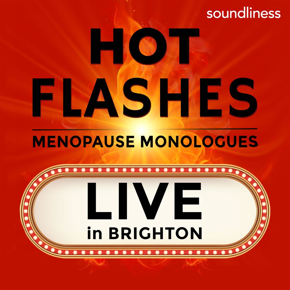 Red podcast cover with flames and text describing the title and marquee banner reading “live in Brighton”