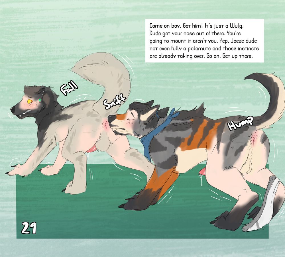 Khoi and myself turning into a Wulg and Palamute. Hes sniffing under my tail and looks like he wants up on it. His hunter is encouraging him to continue and take care of things before they capture their monster. 