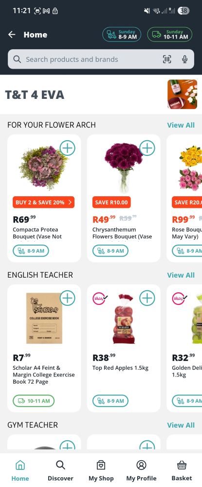 screenshot of a south african grocery app. They have a featured section that is themed around taylor swift's engagement. titled "T&T 4 EVA" and subheadings like "for your flower arch" and "english teacher"