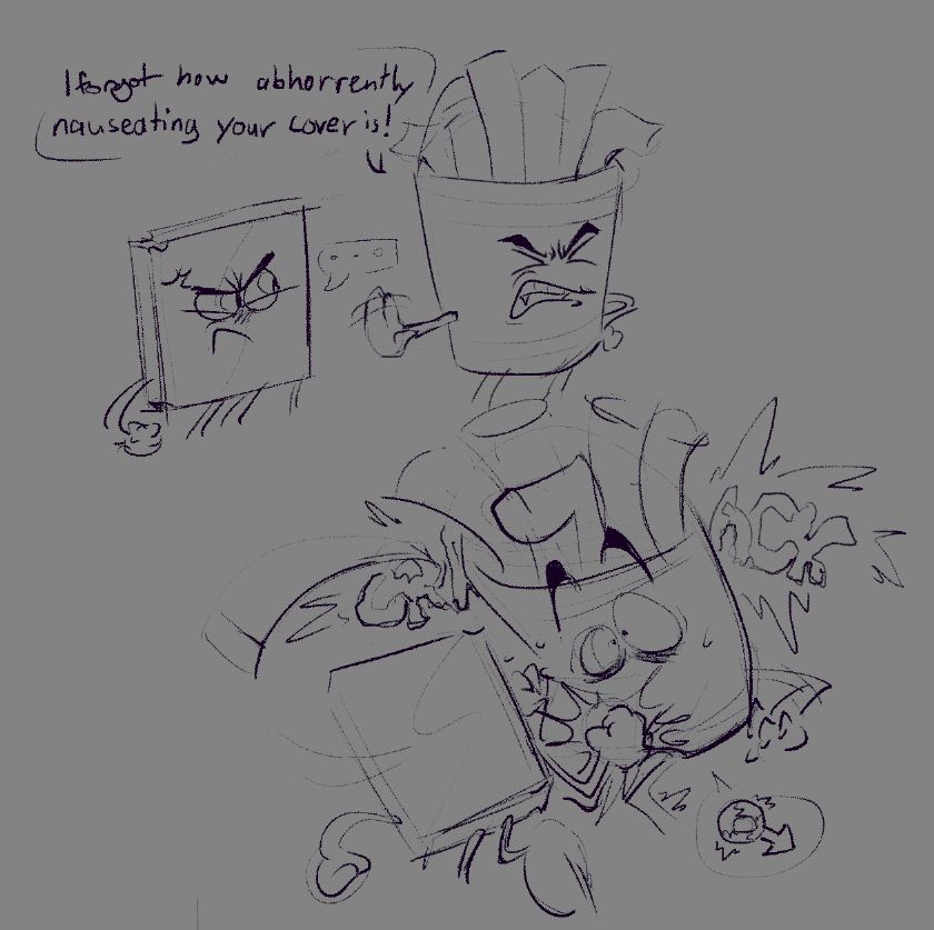 Digital 2 panel sketch of Book and Fries from BFDI. 

Panel 1: Book clenching her fist with an angry expression as Fries waves his hand infront of her with disgust and says "I forgot how abhorrently nauseating your cover is!"

Panel 2: Book turns around to punch him in the crotch which leads to Fries' knees buckling and one of his fries flying out as he has a wide eyed expression. Behind him is a "Crack" onomatopoeia and under his crotch is a speechbubble with a mars symbol which is broken at the circle.
