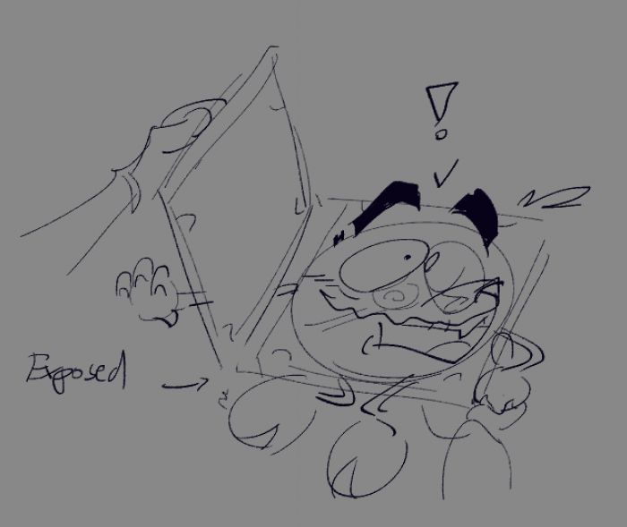 CD's jewelcase is being opened by a disembodied hand with the other hand holding up his casing, exposing that his actual body is the compact disc itself. An arrow with the text "Exposed" is pointing at him as his expression is very wide eyed in shock.