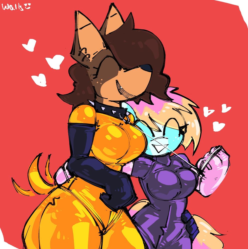Helix (doberman) and CC (pony) hugging closely as CC gently tugs on Helix's collar and Helix tail wags happily 💖