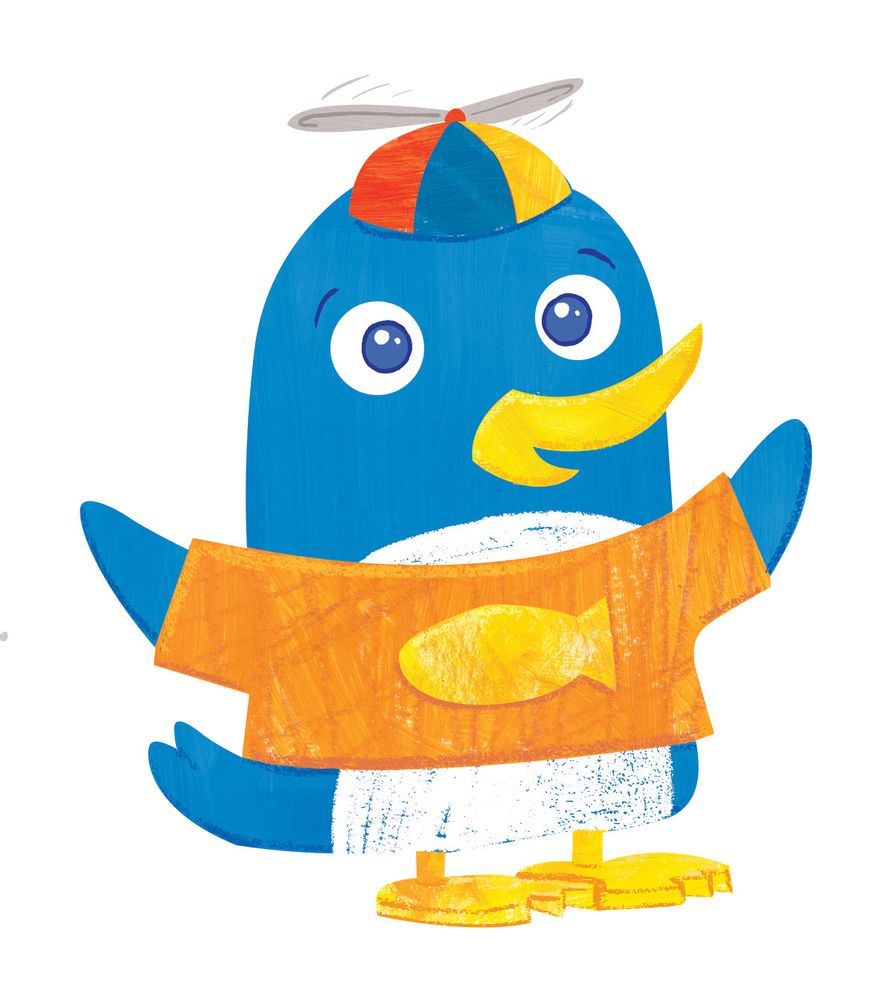 A cute, cartoonish penguin with a propeller hat, and orange shirt with a yellow fish on it. White background.
