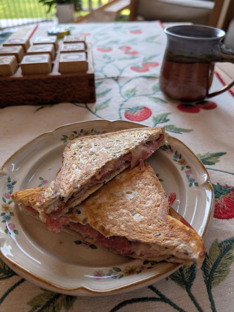 Breakfast sandwich and coffee on the deck!