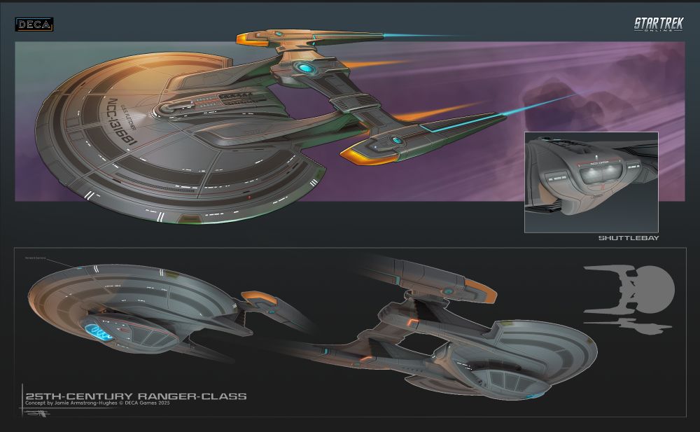 A sleek but fairly utilitarian federation ship design, with the nacelles and pylons suspended above the saucer by a 'rollbar'.